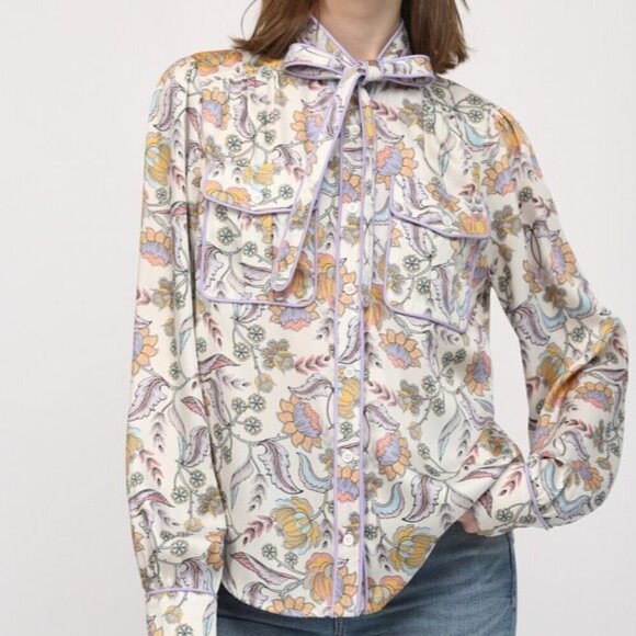 Floral Button Down Blouse with Piping Accent - Picture 2 of 14